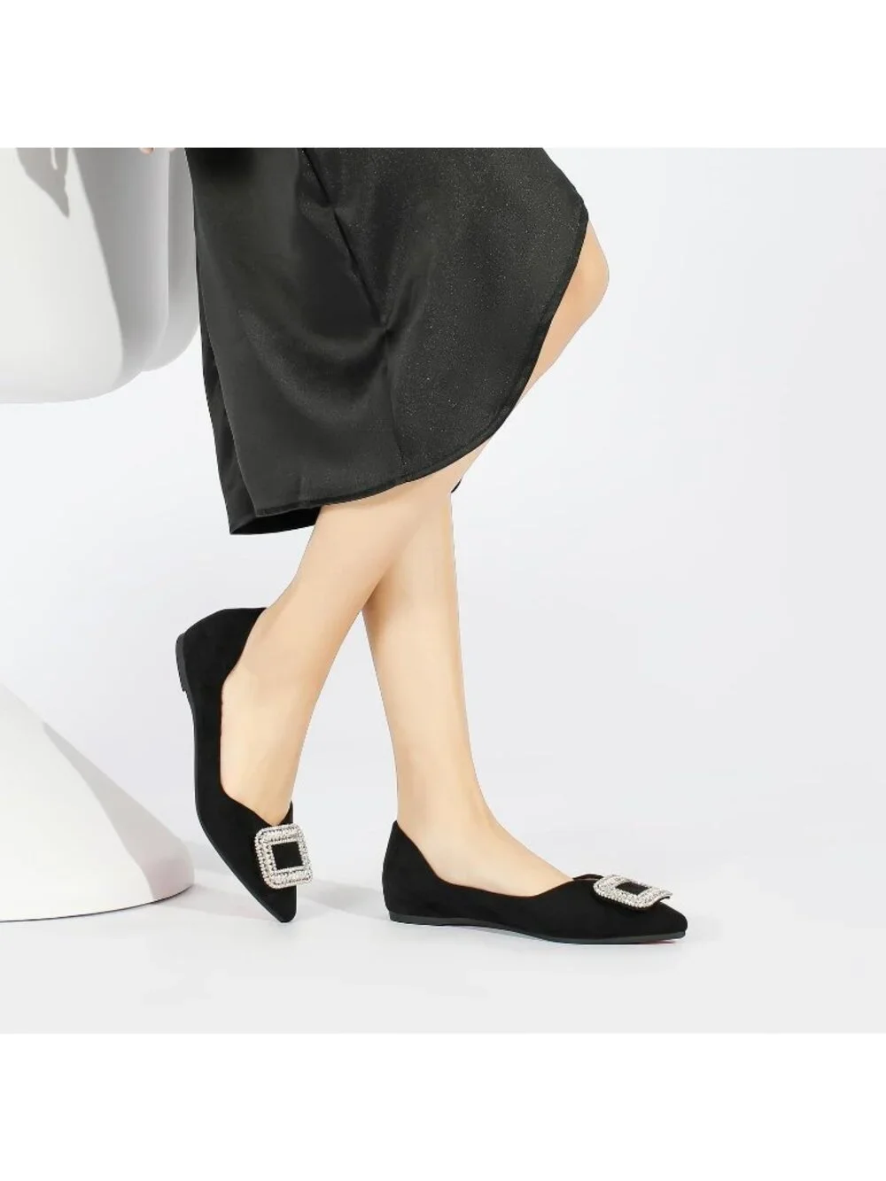 Women's Black Suede Pointed Toe Rhinestone Ballet Flat Slip On Party Dress Shoes